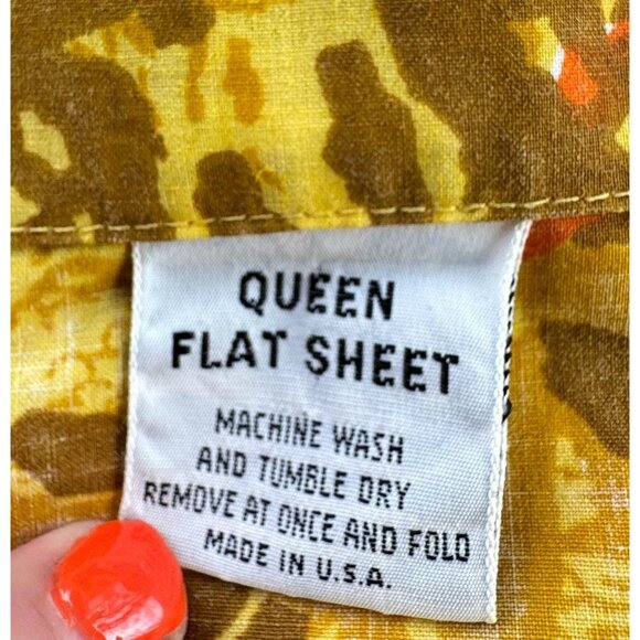 Vintage 70s flat sheet, orange, brown, yellow flowers, queen size, Pepperell - Picture 6 of 8